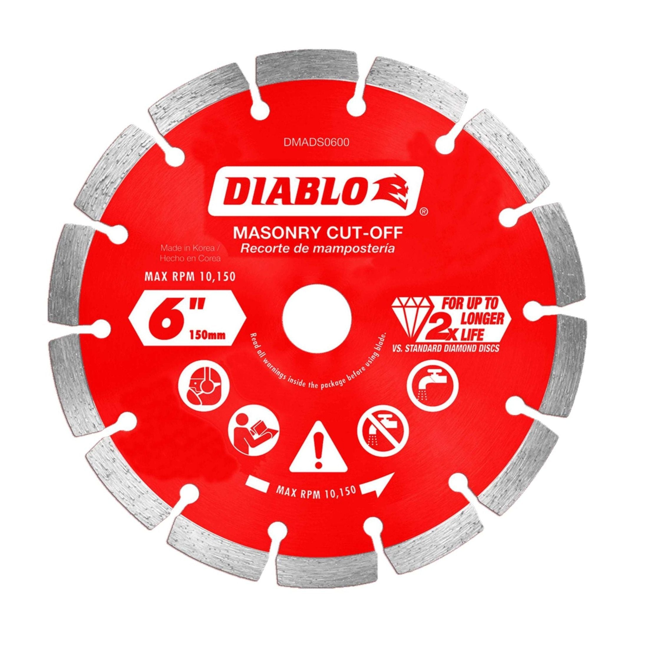 The DIABLO DMADS0600 is a red 6-inch masonry cut-off disc by Diablo, featuring industrial-grade diamonds and silver segments. It supports up to 10,150 RPM and offers twice the cutting lifespan of standard discs.